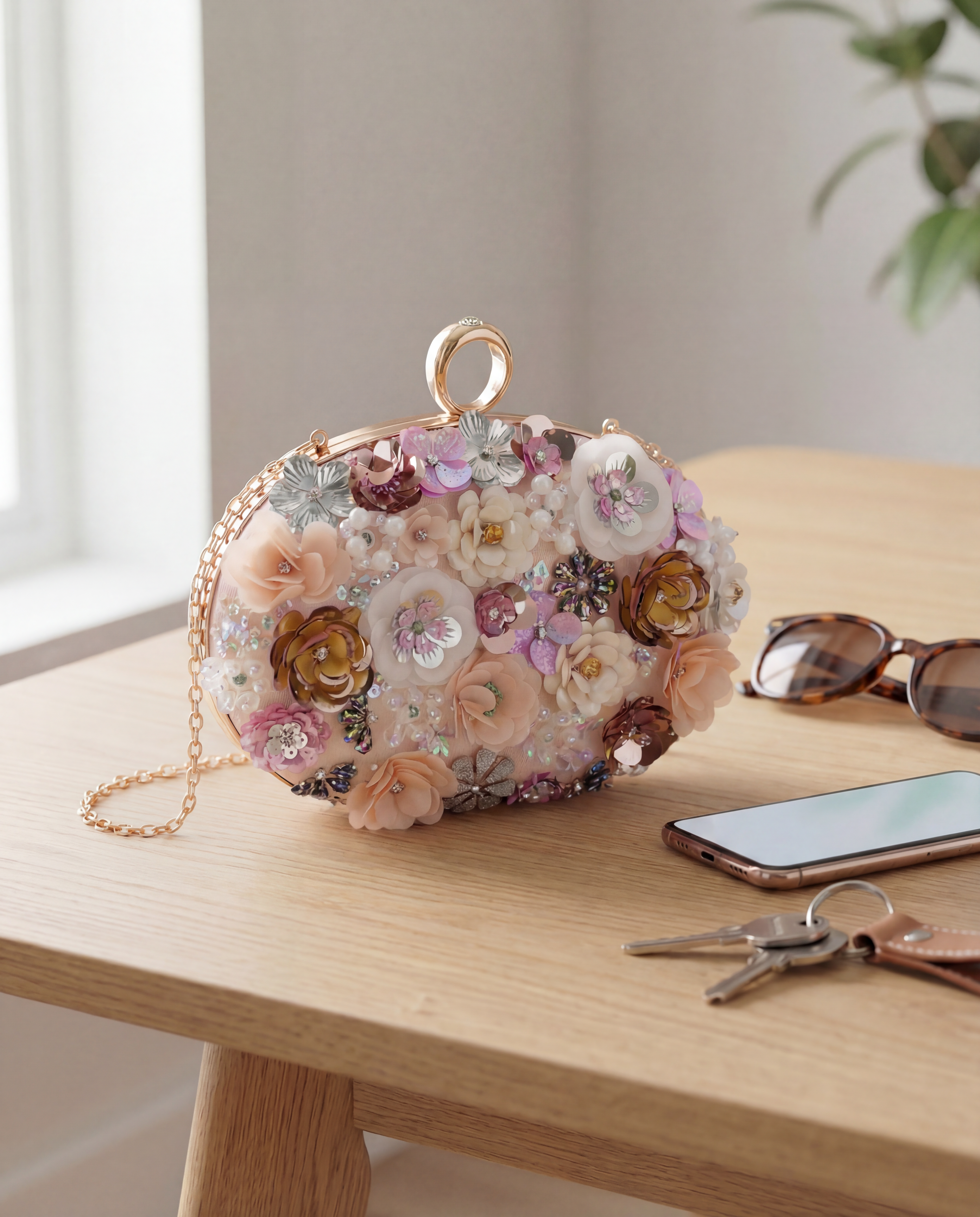 MAJA – elegantna clutch torbica s cvjetnim detaljima i metalnim remenom