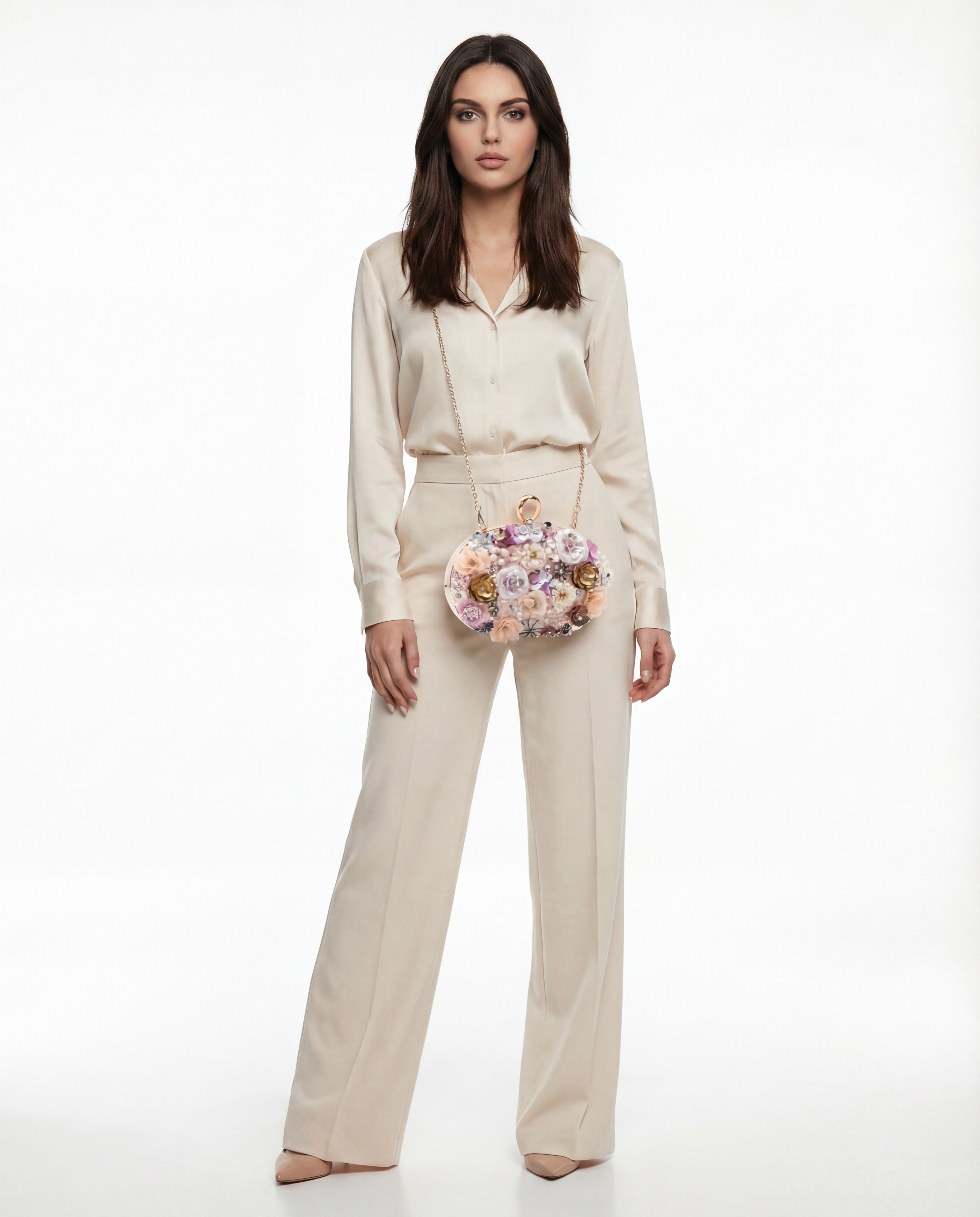 MAJA – elegantna clutch torbica s cvjetnim detaljima i metalnim remenom