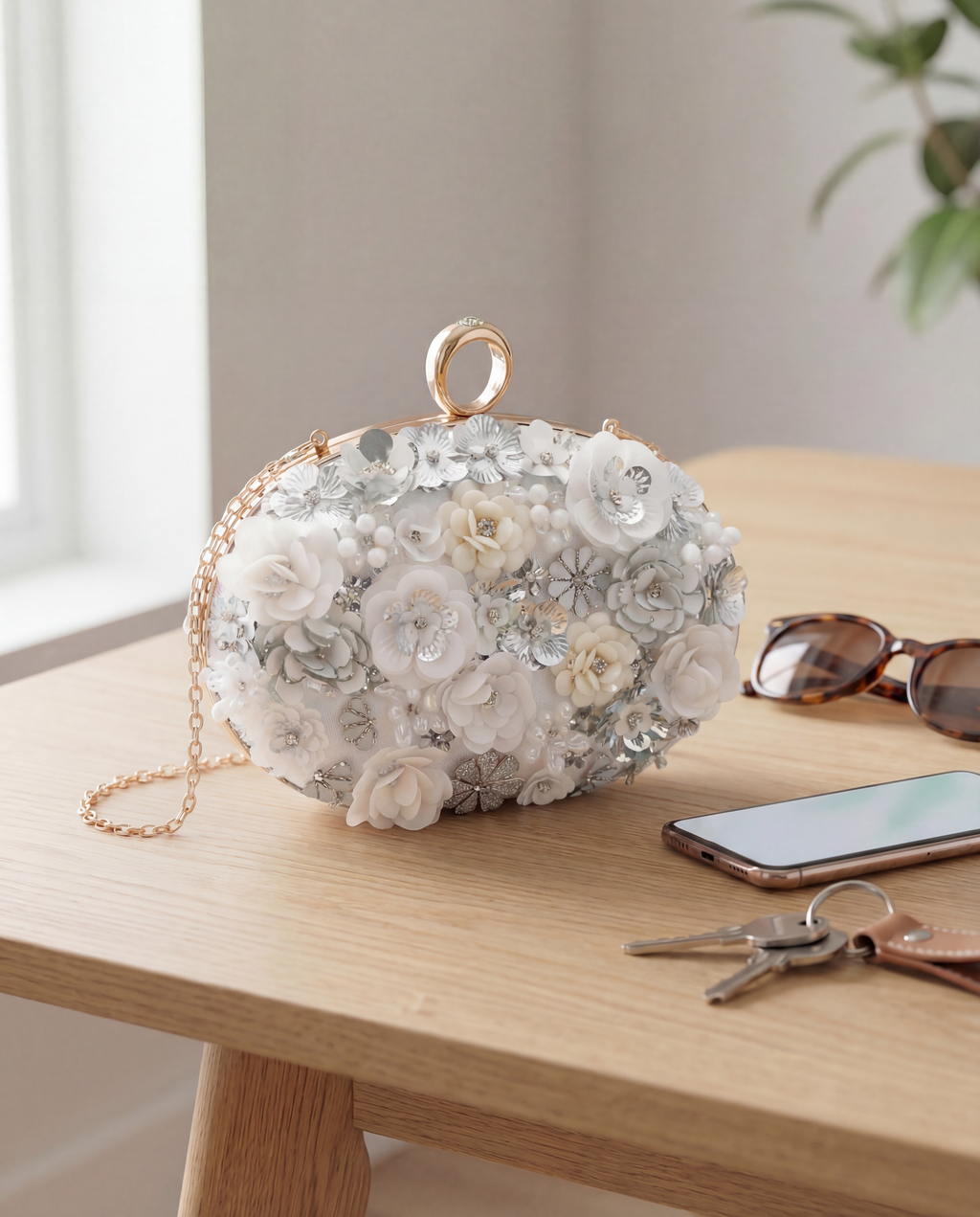 MAJA – elegantna clutch torbica s cvjetnim detaljima i metalnim remenom