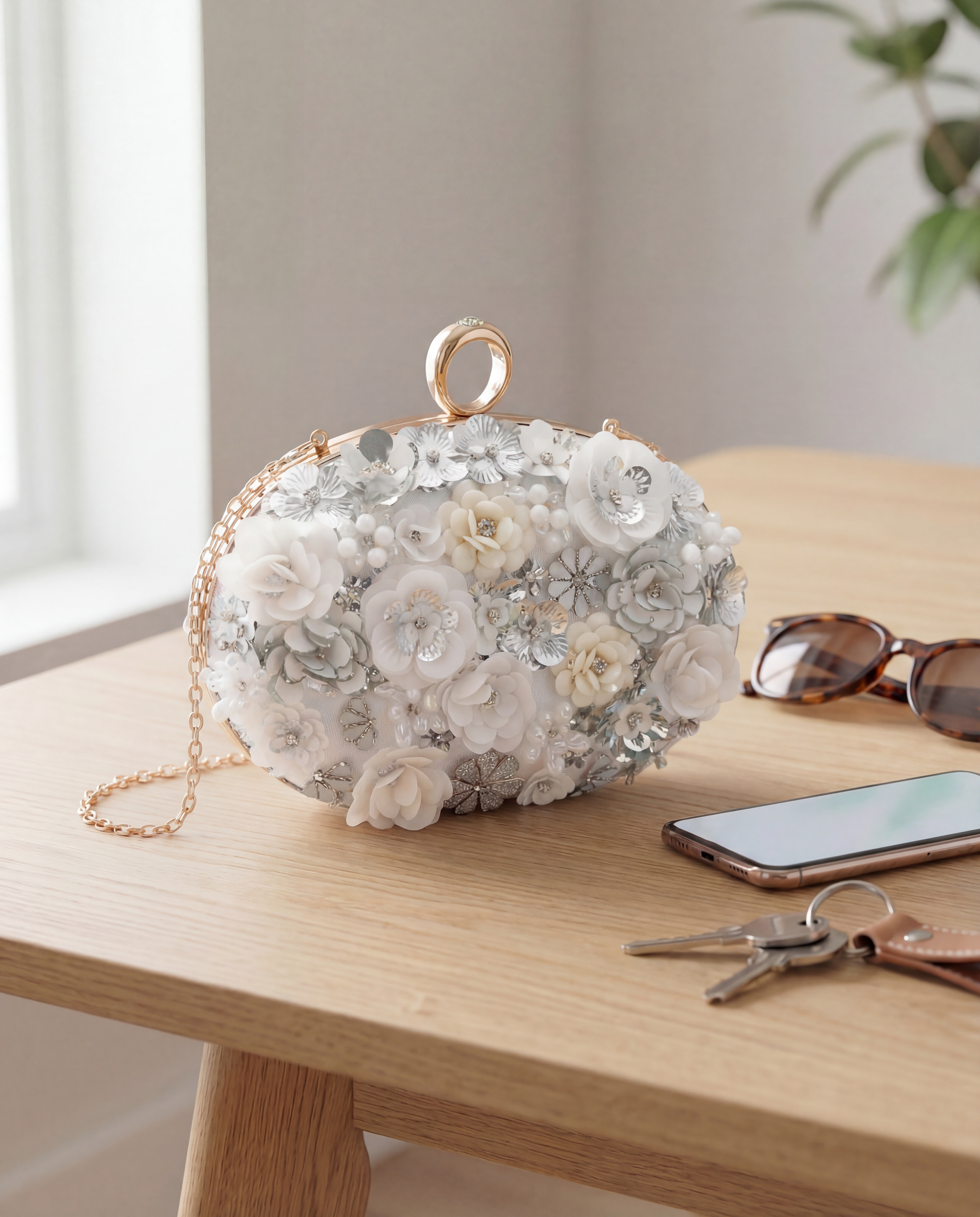 MAJA – elegantna clutch torbica s cvjetnim detaljima i metalnim remenom