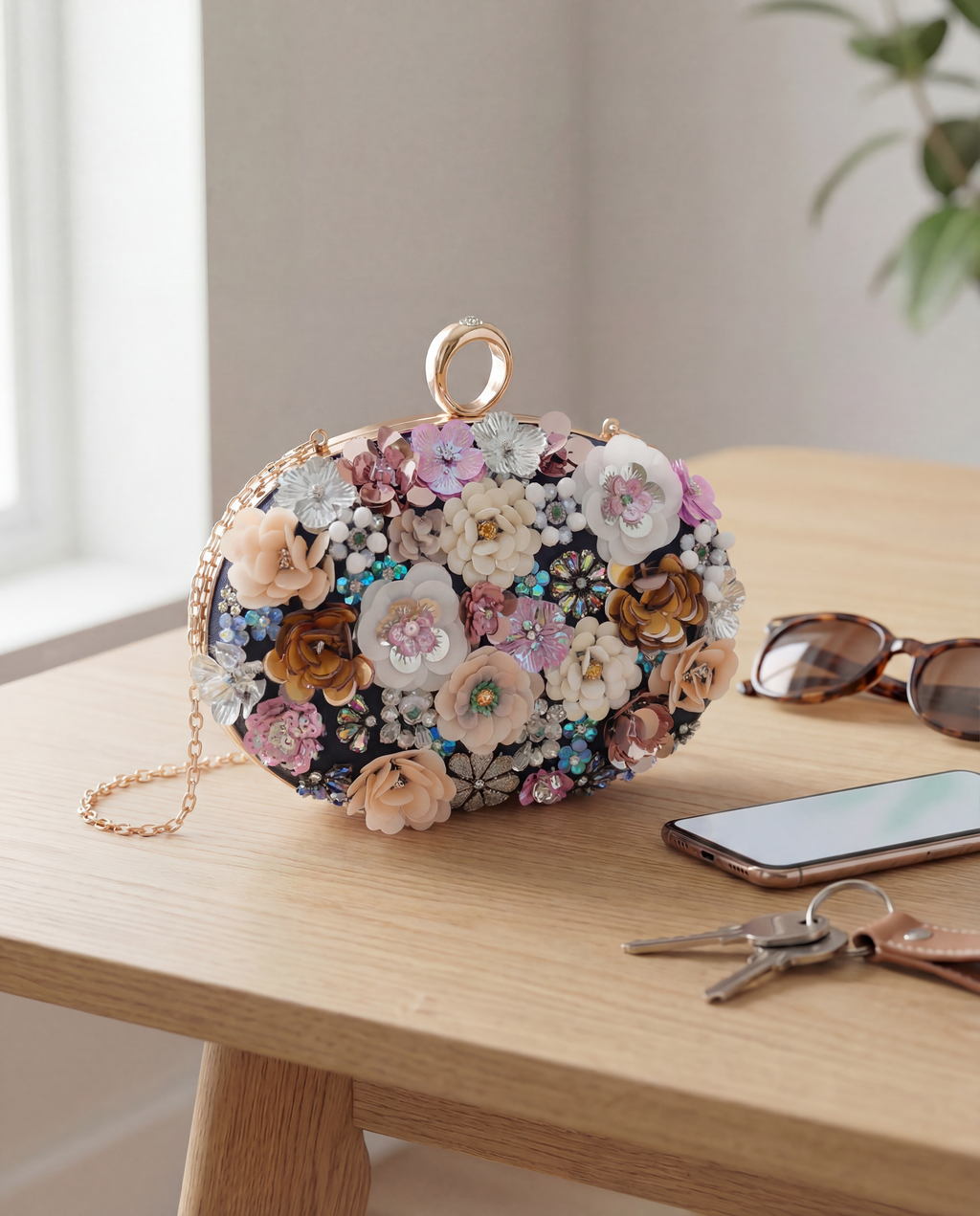 MAJA – elegantna clutch torbica s cvjetnim detaljima i metalnim remenom